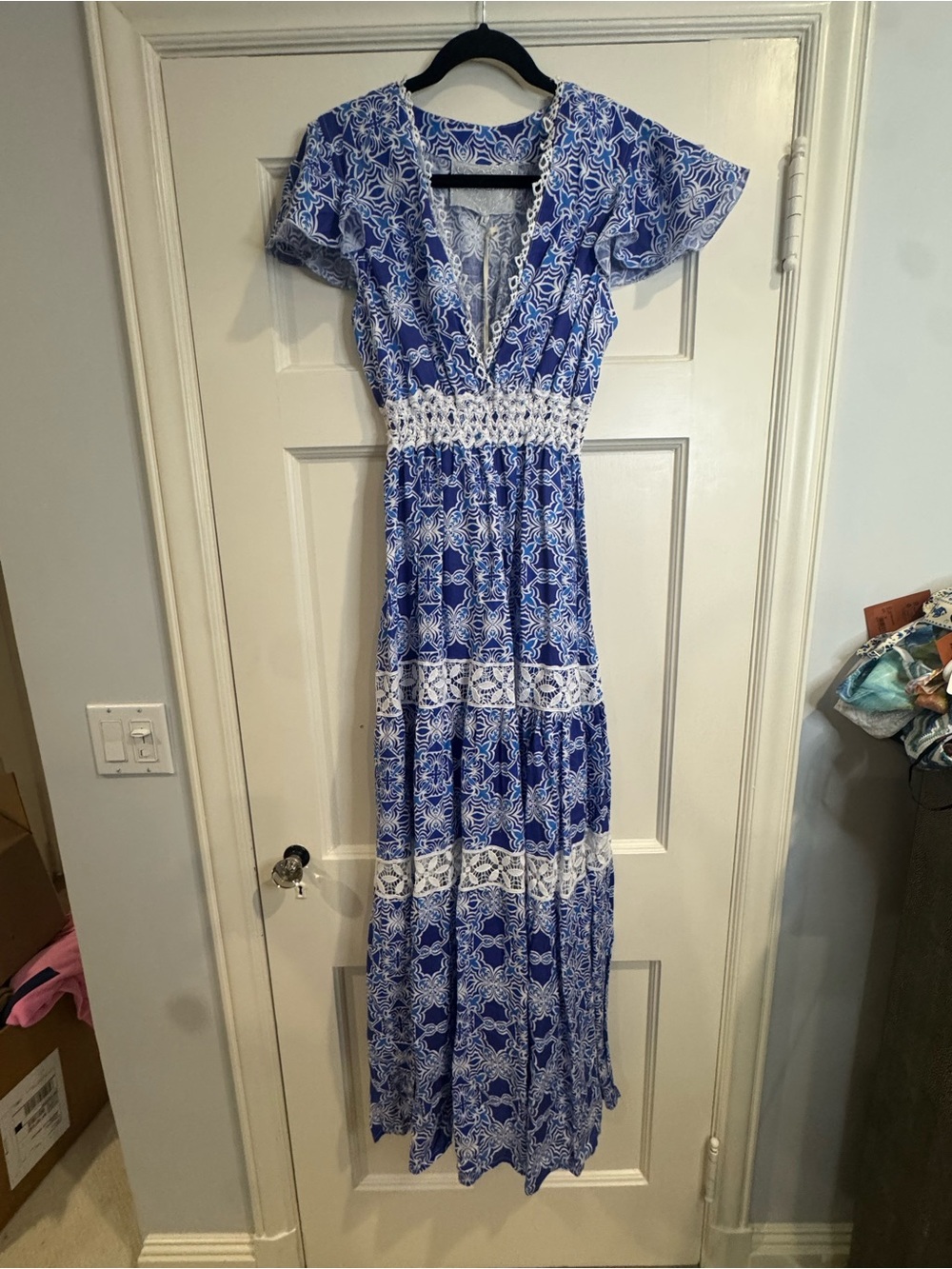 Blue and White Floral V-Neck Maxi Dress
